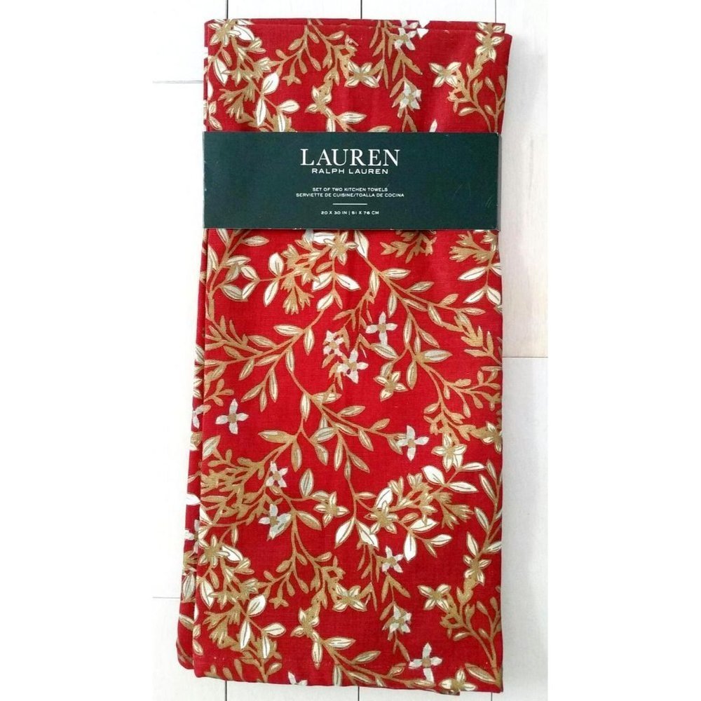 LAUREN Ralph Lauren Set of 2 KITCHEN TOWELS Holiday 20" x 30" Red /  Floral